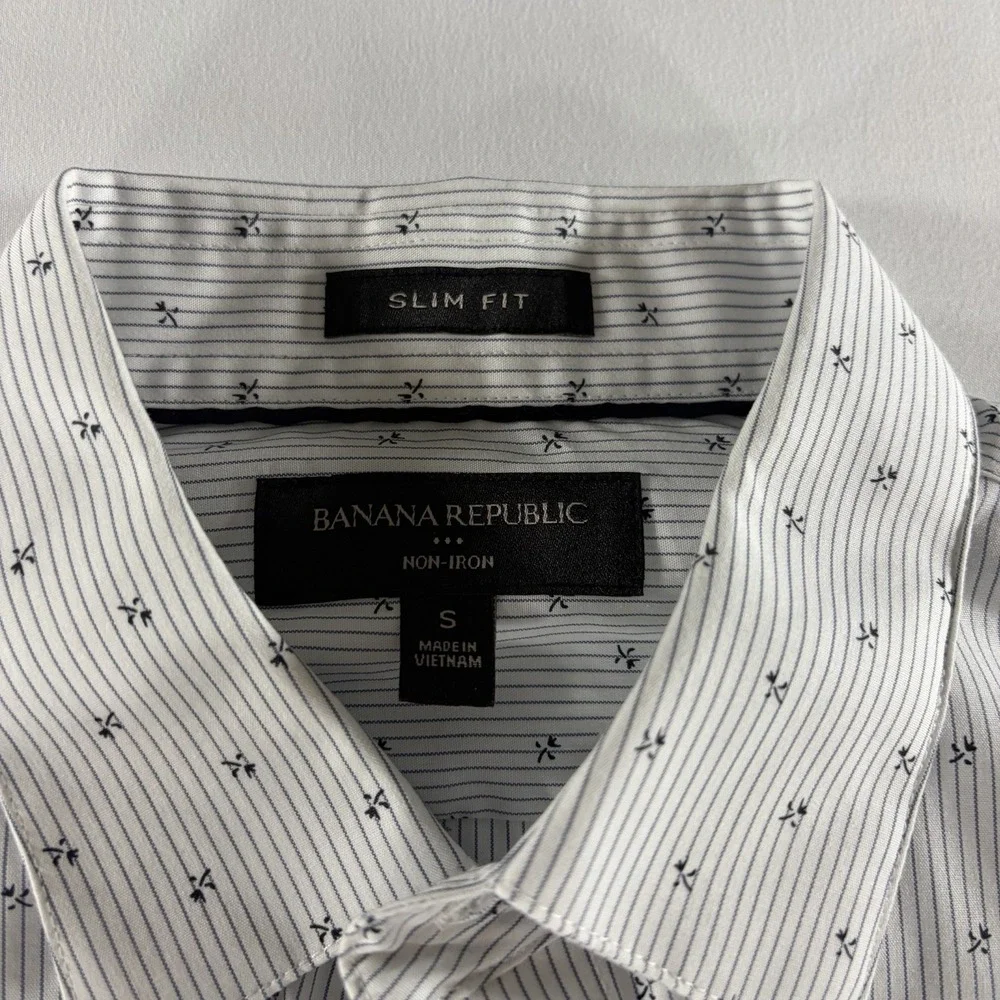 Banana Republic Shirt Mens Small Slim Fit Non Iron White Striped Palm Tree